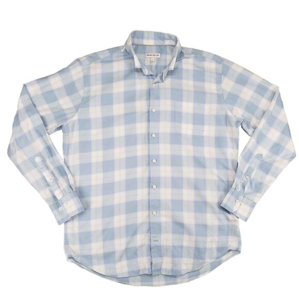 Peter Millar Classic Fit Sport Shirt Mens L Blue Green Plaid Cotton Long‎ Sleeve